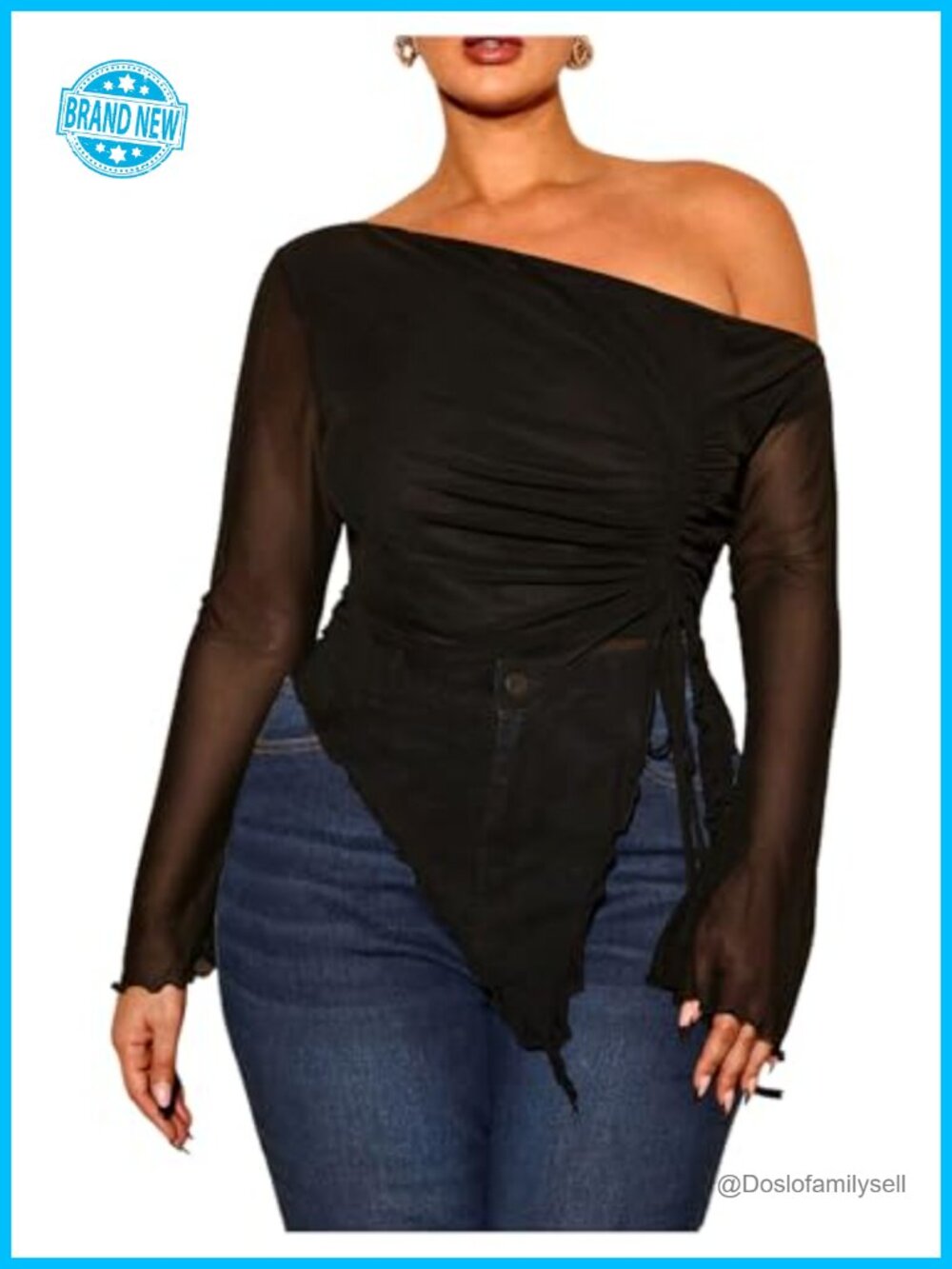 Plus Size Sheer Mesh Off Shoulder Long Sleeve Ruched Asymmetrical T Shirt Top